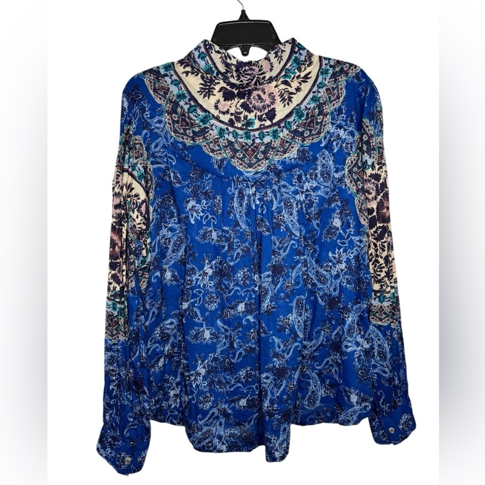 NEW Free People Rose Bud Paisley Cotton Button Up Shirt Womens Oversized Blue SM - Picture 8 of 12